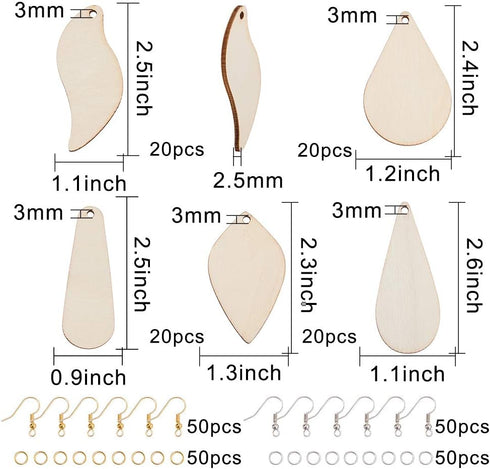 SUNNYCLUE 300Pcs 5 Shapes Unfinished Wooden Earrings Blanks Kit Unfinished Wood Large Charms Pendants Blank with Hole with 100Pcs Earring Hooks 10...