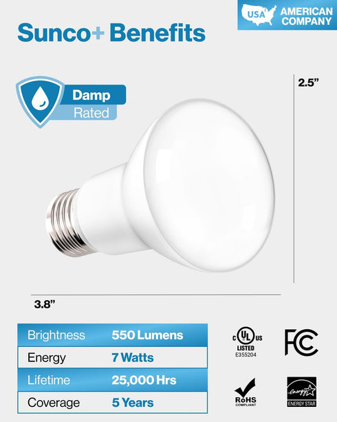 Sunco Lighting - 6 Pack BR20 LED Bulbs Indoor Flood Light R20 Dimmable CRI93 3000K Warm White 50W Equivalent to 7W, E26 Medium Base, Recessed Can ...