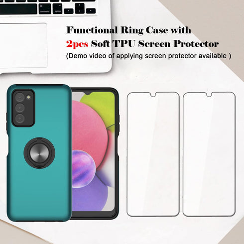 for Samsung Galaxy A03S Phone Case with TPU Screen Protector, Ring Holder Kickstand Drop Proof Protective Slim Hard Dual Layer Stand Non-Slip Toug...