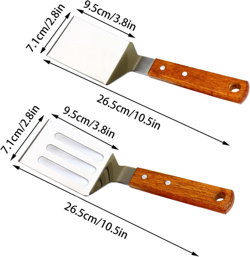 2 PCS Metal Spatula for Cast Iron Skillet, Stainless Steel Grill Spatula Slotted Spatula Turner Fish Spatula with Wood Handle, Flat Top Grill Spat...