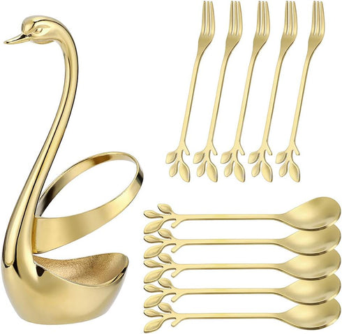 AnSaw Gold Swan Base Holder Set with 10 Pcs 4.7" Mini Leaf Teaspoons & Dessert Forks - Perfect for Appetizers,Salads,Cakes,Fruits,Cocktails,Tea,Es...