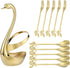 AnSaw Gold Swan Base Holder Set with 10 Pcs 4.7" Mini Leaf Teaspoons & Dessert Forks - Perfect for Appetizers,Salads,Cakes,Fruits,Cocktails,Tea,Es...
