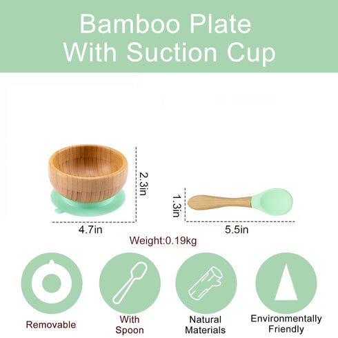 Baby Bowls and Spoons, Baby Bamboo Bowl and Spoon | Silicone Suction | Bamboo Baby Bowls for Baby | Baby Bowls First Stage | Baby Wood Bowls (Cyan...