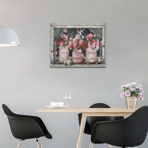Farmhouse Canvas Wall Art Rusitc Pink Rose Wall Decor Flower Mason Jar Hummingbird Pictures Painting Prints Framed Decor Country Home Artwork for ...