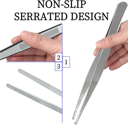 3Pcs Stainless Steel Tweezer Set (8" 10" 12"), Long Tweezers with Precision Serrated Straight Tips, Non-slip Multitool Tweezer for Cooking, Repair...