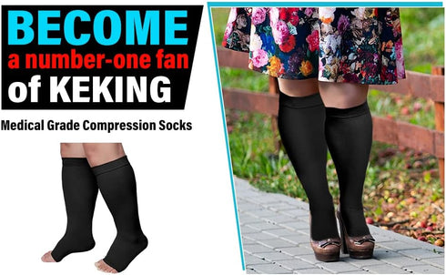 KEKING® Extra Wide Calf Compression Socks for Men & Women, 20-30 mmHg Compression Stockings Open Toe - Plus Size Knee High Support Hose for Varico...