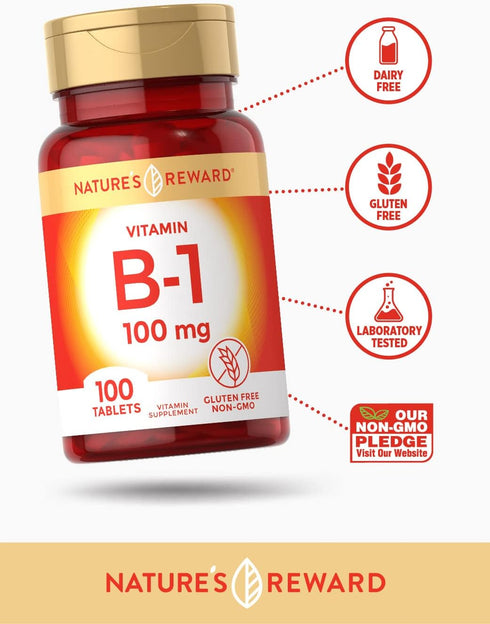 Nature's Reward Vitamin B1 100mg (Thiamine) - 100 Count - Vegetarian, Non-GMO & Gluten Free Supplement...