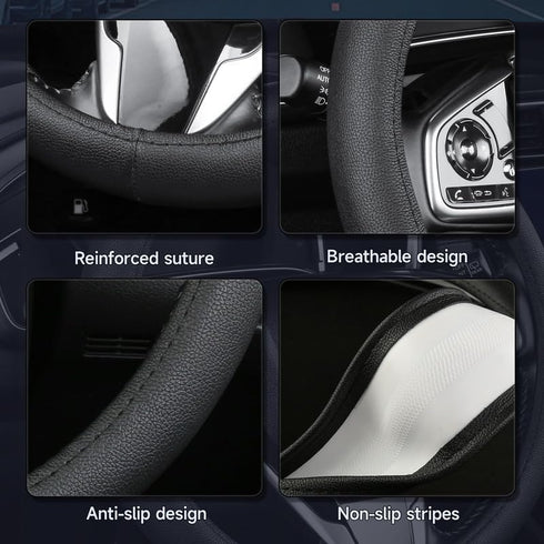 Black Leather Steering Wheel Cover?Classic Black?Anti-Slip, Safety, Soft, Breathable, Adaptable to 14.5-15 inches Steering Wheel...
