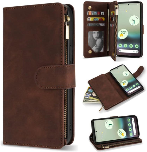 ZZXX for Google Pixel 6A Case Wallet with RFID Blocking Card Slot Premium Soft PU Leather Zipper Flip Folio with Wrist Strap Kickstand Protective ...