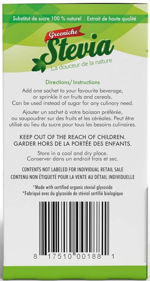 Greeniche Stevia 100 Sachets, Powdered Sweetener & Food Additive, A Completely Safe Sweetener Extracted from The Herb Stevia Rebaudiana, Sugar Sub...