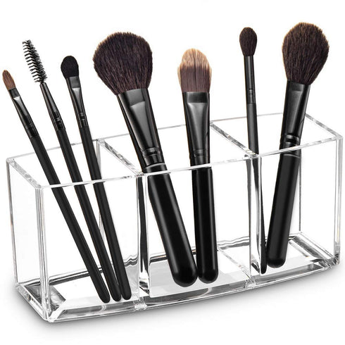 Acrylic Makeup Brush Organizer Holder Clear Cosmetic Brushes Storage with 3 Slots...