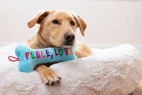 Huxley & Kent for Dogs | Peace, Love, Belly Rubs Bone | Holiday Christmas Power Plush Dog Toy with Squeaker | Funny Dog Gift | Fun, Durable, and S...