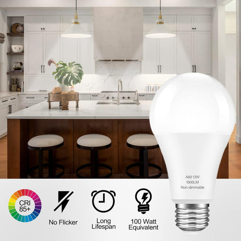LED Light Bulbs, 100 Watt Equivalent, A19 13W Lightbulbs, 5000K Daylight White 1500 Lumens, E26 Standard Medium Base Screw, Non-dimmable, 4 Pack...