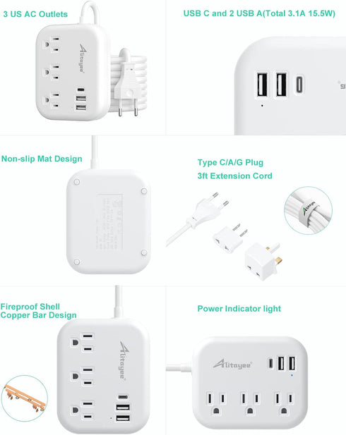 European Travel Plug Adapter, Alitayee EU/UK/US Travel Power Strip with 3 Outlets 3 USB Ports, International Universal Plug Adapter with 3ft Exten...