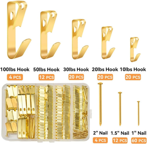 152Pcs Picture Hanging Kit, Picture Hangers 10lb, 20lb, 30lb, 50lb, 100lb Hooks with Nails, Heavy Duty Photo Frame for Pictures, Painting ,Mirror,...