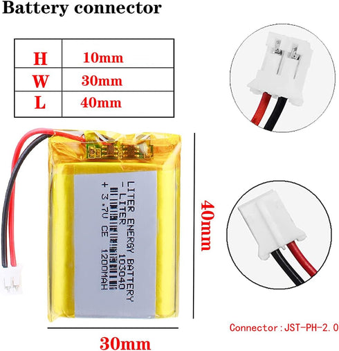 3.7V Lipo Battery 1200mAh Rechargeable Lithium ion Polymer Battery 103040 Lithium Polymer ion Battery with JST Connector...