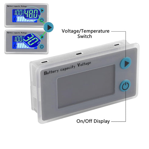 10-100V Battery Monitor LCD 12V 24V 36V 48V Digital Battery Capacity Voltmeter Tester Percentage Level Voltage Temperature Monitor Meter with Cabl...