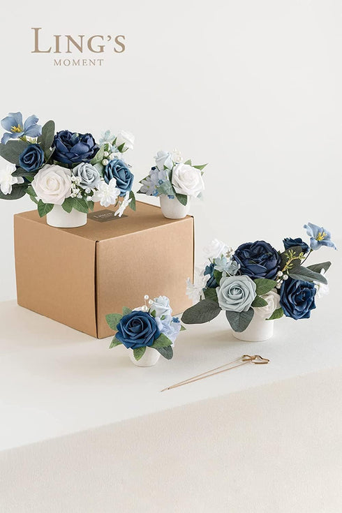 Ling's Moment Artificial Flowers 50Pcs Dusty Blue & Navy Roses Decor w/Stems,3" Real Touch DIY Foam Floral for Wedding Bouquet/Centerpieces, Outdo...