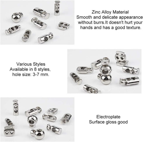 PandaHall 64pcs 8 Styls Metal Alloy Spring Fastener Cord Lock Toggle Stopper Toggle Stopper for Drawstrings...