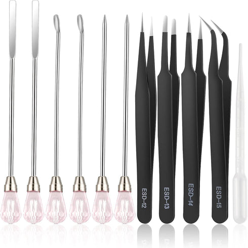 11 Pcs Resin Spoon Tools Kit-Metal Stir Sticks Resin Spoons Poke Needle with Anti-Static Stainless Steel Precision Tweezers Set for Resin Crafts,J...
