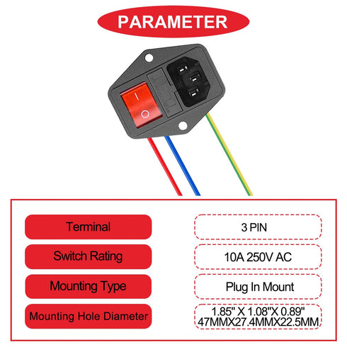 3Pcs AC 10A 15A 250V Rocker Switch Power Socket Inlet Module Plug, 3 Pin IEC320 C14 10A Male Power Switch with 6Pcs Mounting Screws,9Pcs 18 AWG Ex...