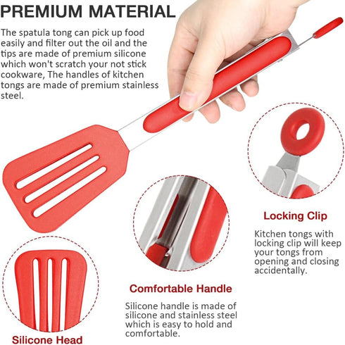 9 Inch Small Kitchen Tongs Set of 3, Silicone Cooking Tongs with Silicone Tips and Stainless Steel Handle, Silicone Tongs for Cooking, Serving(Red...