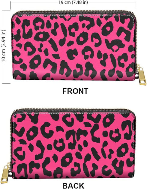 WIRESTER PU Leather Clutch Purse Card Holder Wallet, Zip Around Long Wallet for Women - Black Hot Pink Leopard...