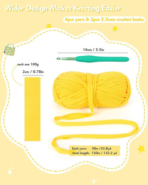 Katech 4 Pack 100g T Shirt Yarn Kit, Fabric Yarn for DIY Hand Knitting, 130 yds Spaghetti Yarn Yellow Crochet Cloth Yarn for Crocheting Bag & Bask...