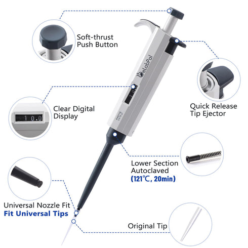 0.5-10?l Adjustable Volume Pipette, Lab Single Channel Micropipette, 10?l High Precision Pipettor Autoclavable...