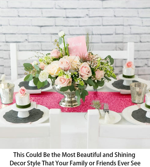 ShinyBeauty Fuchsia Sequin Table Runner - 14x108 Inch Hot Pink Bridal Shower Decor, Sparkling Party Supplies...