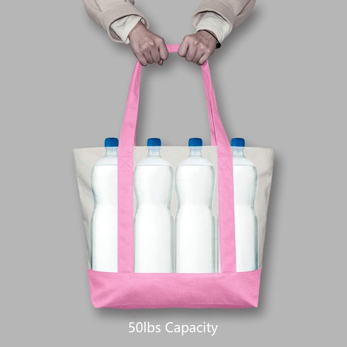 TOPDesign 1-Pack Canvas Tote Bag with an External Pocket, Reusable Grocery Shopping Bag, Top Zipper Closure, Daily Essentials (Pink/Natural)...