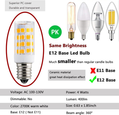 KAKEMONO E12 LED Candelabra Light Bulbs 4W Replace E12 40 Watt Halogen Equivalent,Warm White 2700K C7 T4 120V Small Base E12 for Ceiling Fan Chand...