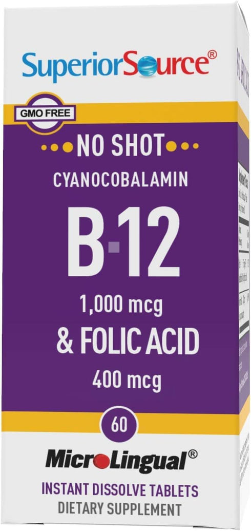 Superior Source No Shot Vitamin B12 Cyanocobalamin (1000 mcg), Folic Acid (400 mcg), Quick Dissolve MicroLingual Tablets, 60 Ct, Increase Energy, ...