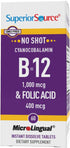 Superior Source No Shot Vitamin B12 Cyanocobalamin (1000 mcg), Folic Acid (400 mcg), Quick Dissolve MicroLingual Tablets, 60 Ct, Increase Energy, ...