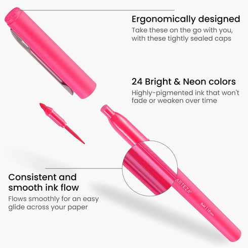 ARTEZA Felt Tip Pens, Set of 24, Bright & Neon Colors, 1.0–1.5mm Fiber Tip, Quick-Drying Ink...