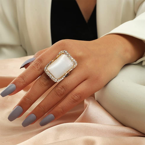Retro Big Rectangle Statement Ring for Women Girls Gold Plated Cubic Zirconia Geometric Band Rings Comfort Fit CZ Engagement Wedding Birthday Chri...