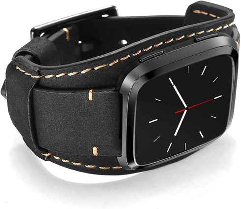 Compatible Fitbit Versa Bands, Genuine Leather Cuff Bracelet Replacement Strap with Stainless Steel Buckle for Men Women (Black)...