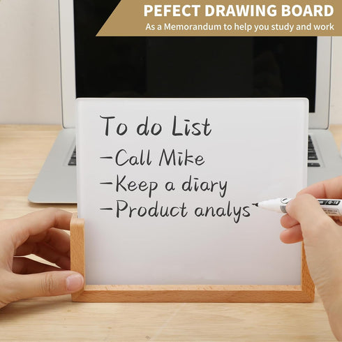 Desktop Glass Whiteboard with Wood Base, Small Whiteboard Glass Dry Erase Board Mini Whiteboard Portable Desk Whiteboard for Home, Office, 6.9x5.8...