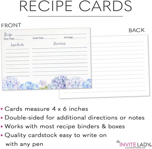 Recipe Cards 4x6 Double Sided Flowers Blue Wildflower Hydrangeas Watercolor Wedding Engagement Housewarming Keepsake Gift (50 Count)...