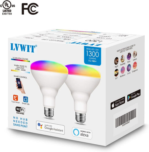 LVWIT Smart LED Bulbs, BR30 Wi-Fi Smart Light Bulb, E26 100W Replacement, Work with Alexa, Google Assistant, Tuya App, Dimmable 1300 Lumens RGB Co...