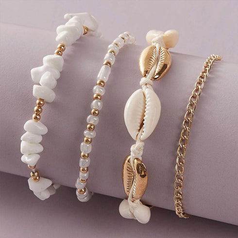 FUTIMELY Layered Gold Shell Ankle Bracelets Set for Women Teen Girls,Boho Dainty Handmade Seashell Gravel Bead Adjustable Gold Plated Anklet Set W...