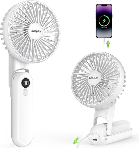 EasyAcc Portable HandHeld Fan, 5000mAh 32H Rechargable Personal Fan, 5 Speed Powerful & Ultra Quiet USB C Small Desk Fan, 180° Foldable Cooling Fa...