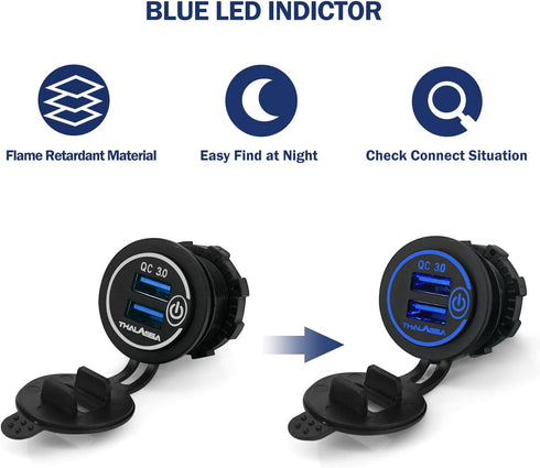 12V/24V 3.0 Dual USB Charger Socket with Touch Switch, Waterproof QC3.0 Dual USB Fast Charger Port Power Outlet for Marine, Boat, Motorcycle, Camp...
