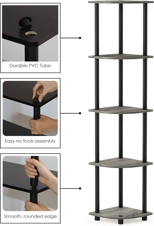 Furinno Turn-N-Tube 5 Tier Corner Display Rack Multipurpose Shelving Unit, 1-Pack, French Oak Grey/Black...