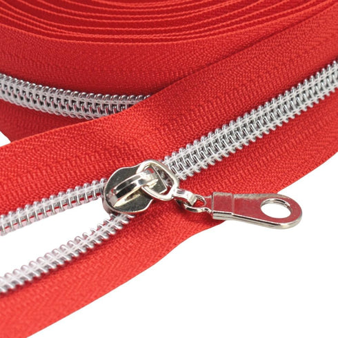 YaHoGa #5 Silver Metallic Nylon Coil Zippers by The Yard Bulk Red Tape 10 Yards with 25pcs Pulls for DIY Sewing Tailor Craft Bag (Red)...