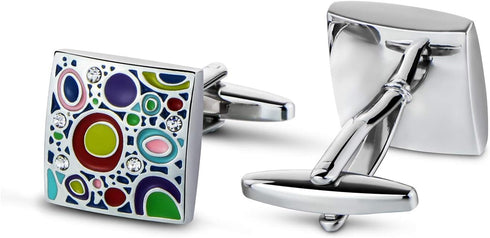 Silver Plated Cufflinks for Men Colorful Rainbow Crystal Cuff Links Wedding Gift...