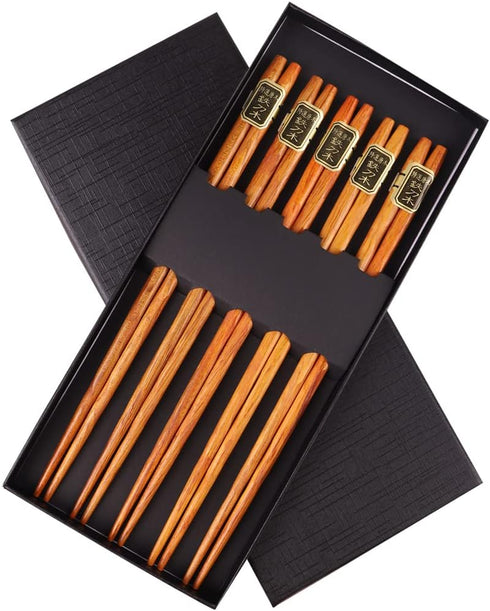Wooden Chopsticks Reusable Japanese Style 5-Pairs Set of Natural Wood Chopsticks Gift Iron sword style 8.86 Inch...