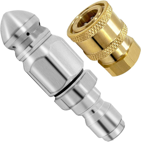 2 Pack 5000 PSI Sewer Jet Nozzle with Pressure Washer Coupler, Stainless Steel 1/4 Inch Pressure Washer Drain Jetter Hose Nozzle and Brass Fitting...