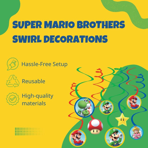 Swirl Hanging Decorations - 5" & 7" (Pack of 12) - Perfect for Themed Parties & Events, Super Mario Brothers...
