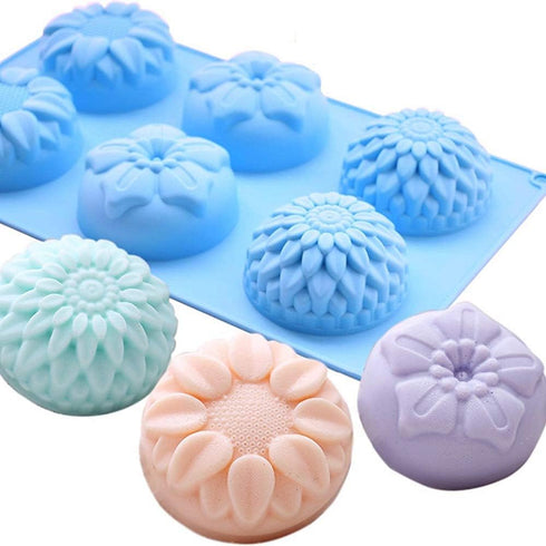 Echodo 6 Cavity Silicone Flower Soap Mold Chrysanthemum Sunflower Mixed Flower Shapes Cupcake Backing Mold for Homemade Soap, Cake, Cupcake, Bread...